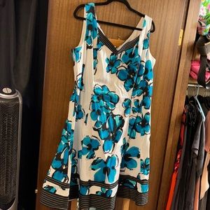 Plus size blue black and white dress. Top lined, no pockets.